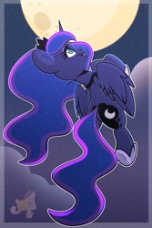 Size: 1365x2048 | Tagged: safe, artist:sakukitty, princess luna, alicorn, pony, g4, cloud, female, flying, full moon, mare, moon, night, open mouth, profile, sky, solo, spread wings, stars, wings