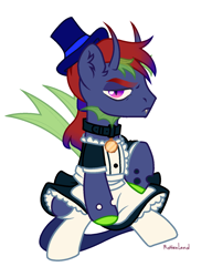 Size: 1200x1560 | Tagged: safe, alternate version, artist:al-lat, oc, oc only, oc:abstract memory, changeling, hybrid, apron, changeling hybrid, changeling oc, clothes, collar, commission, crossdressing, dress, hat, maid, male, pet tag, raised hoof, simple background, skirt, socks, solo, stockings, thigh highs, top hat, unamused, white background, ych result