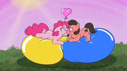 Size: 3840x2160 | Tagged: safe, artist:rupert, derpibooru exclusive, pinkie pie, oc, oc:ace play, earth pony, pony, g4, balloon, balloon fetish, balloon riding, birthday gift, blushing, canon x oc, cute, diapinkes, female, fetish, grass, heart balloon, high res, lying down, male, mare, ocbetes, party balloon, pink background, pinkieplay, prone, shipping, signature, simple background, smiling, stallion, straight, that pony sure does love balloons