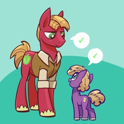 Size: 2048x2048 | Tagged: safe, artist:pfeffaroo, big macintosh, little mac, earth pony, pony, g4, check mark, clothes, colt, cute, duo, duo male, eeyup, father and child, father and son, high res, like father like son, like parent like child, looking at each other, looking down, looking up, male, older big macintosh, open mouth, pictogram, smiling, speech bubble, stallion, standing, three quarter view