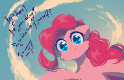 Size: 2000x1300 | Tagged: safe, artist:mirtash, pinkie pie, earth pony, pony, g4, breaking the fourth wall, cheek fluff, cloud, looking at you, open mouth, outdoors, sky, solo, talking to viewer, worried