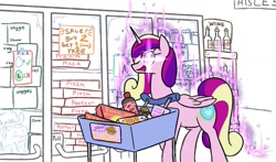Size: 1305x765 | Tagged: safe, artist:jargon scott, part of a set, princess cadance, oc, oc only, oc:tater trot, alicorn, pony, bread, cheese pizza, female, food, glowing eyes, grocery store, i was frozen today, mare, murrlogic, peetzer, pizza, princess of love, shopping, shopping cart, simpsons did it, smiling, soda, solo, that pony sure does love pizza, the simpsons, wonder bread