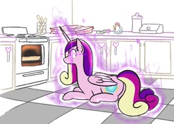 Size: 1017x728 | Tagged: safe, artist:jargon scott, part of a set, princess cadance, alicorn, pony, g4, cheese pizza, female, food, glowing eyes, lying down, mare, oven, peetzer, pizza, princess of love, smiling, solo, that pony sure does love pizza