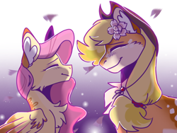 Size: 1024x768 | Tagged: safe, artist:paintedsnek, applejack, fluttershy, earth pony, pegasus, pony, g4, abstract background, blushing, bust, cheek fluff, chest fluff, colored ears, cowboy hat, duo, ear fluff, eyes closed, facing each other, female, flower, flower in hair, folded wings, friendshipping, hair tie, hat, mare, profile, smiling, wings