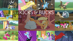 Size: 1978x1113 | Tagged: safe, edit, edited screencap, editor:quoterific, screencap, applejack, basil, daring do, fluttershy, granny smith, harry, pinkie pie, rainbow dash, rarity, tom, twilight sparkle, bear, changeling, dragon, earth pony, pegasus, pony, unicorn, buckball season, daring don't, do princesses dream of magic sheep, dragonshy, fall weather friends, g4, green isn't your color, lesson zero, look before you sleep, putting your hoof down, season 1, season 6, spike at your service, the return of harmony, angry, applejack's hat, cowboy hat, eyes closed, female, flying, golden oaks library, hat, kick, mane six, open mouth, party cannon, pillow