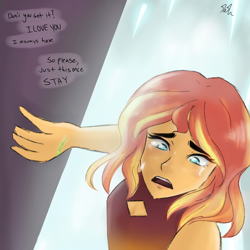 Size: 1080x1080 | Tagged: safe, artist:rapunzelights, sunset shimmer, equestria girls, g4, catra, clothes, female, looking down, offscreen character, open mouth, she-ra and the princesses of power, solo, talking