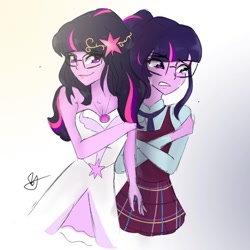 Size: 1080x1080 | Tagged: safe, artist:rapunzelights, sci-twi, twilight sparkle, human, equestria girls, g4, bare shoulders, breasts, cleavage, clothes, crystal prep academy uniform, dress, female, glasses, gradient background, lesbian, lesbian wedding, nervous, school uniform, self ponidox, selfcest, ship:sci-twitwi, ship:twitwi, shipping, signature, sleeveless, smiling, strapless, twolight, wedding dress