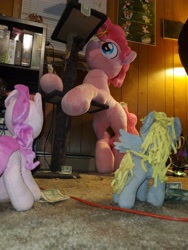 Size: 3024x4032 | Tagged: safe, artist:lanacraft, photographer:crescent star, derpy hooves, pinkie pie, earth pony, pony, g4, bubble berry, chips, food, irl, male, money, photo, plushie, pole dancing, potato chips, rule 63, stripper pole