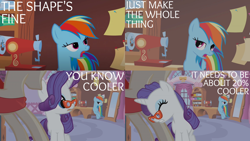Size: 1986x1117 | Tagged: safe, edit, edited screencap, editor:quoterific, screencap, rainbow dash, rarity, pegasus, pony, unicorn, canterlot boutique, g4, suited for success, 20% cooler, duo, duo female, eyes closed, female, glasses, mirror, open mouth, sewing machine, teeth