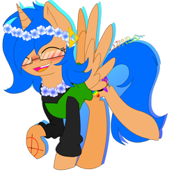 Size: 3000x3000 | Tagged: safe, artist:juliet-gwolf18, oc, oc only, oc:sketchy, alicorn, pony, alicorn oc, blushing, clothes, eyes closed, floral head wreath, flower, high res, horn, signature, simple background, smiling, solo, tattoo, transparent background, wings