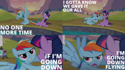 Size: 1986x1117 | Tagged: safe, edit, edited screencap, editor:quoterific, screencap, rainbow dash, twilight sparkle, pegasus, pony, unicorn, g4, hurricane fluttershy, season 2, angry, duo, floppy ears, flying, open mouth, sitting, teeth, unicorn twilight