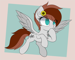 Size: 3500x2800 | Tagged: safe, artist:starmaster, oc, oc only, oc:becca, pegasus, pony, chest fluff, ear fluff, eye clipping through hair, female, flower, flower in hair, flying, high res, mare, no pupils, solo, spread wings, wings