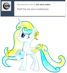 Size: 849x916 | Tagged: safe, artist:princessfaeron, oc, oc only, oc:wish maker, alicorn, crystal pony, pony, ask wish maker, crystallized, female, mare, solo, two toned wings, wings