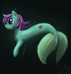 Size: 1136x1190 | Tagged: safe, artist:suiren-sarah, oc, oc only, merpony, pony, seapony (g4), unicorn, black background, blue eyes, bubble, deviantart watermark, female, fish tail, horn, obtrusive watermark, ocean, seaponified, signature, simple background, solo, species swap, swimming, tail, underwater, water, watermark