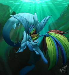 Size: 1280x1381 | Tagged: safe, artist:prince-kaito, rainbow dash, merpony, pegasus, pony, seapony (g4), g4, bubble, crepuscular rays, female, fin wings, fins, fish tail, flowing mane, flowing tail, long tail, looking at you, ocean, open mouth, purple eyes, seaponified, seapony rainbow dash, signature, smiling, solo, species swap, speedpaint, sunlight, teeth, underwater, water, wings