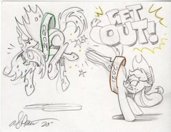 Size: 900x690 | Tagged: safe, artist:andypriceart, applejack, queen chrysalis, changeling, earth pony, pony, g4, 2020, 2020 hate, abuse, andy you magnificent bastard, bucking, chrysabuse, kick in the butt, kicking, literal butthurt, new year, pain, punish the villain, traditional art