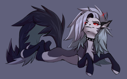 Size: 2845x1789 | Tagged: safe, artist:1an1, demon, demon pony, hellhound, pony, blushing, chest fluff, choker, grin, hellaverse, hellborn, hellhound pony, helluva boss, looking at you, loona (helluva boss), lying down, pale belly, ponified, prone, red eyes, smiling, spiked choker