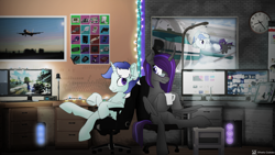Size: 2560x1440 | Tagged: safe, artist:etheria galaxia, oc, oc only, oc:etheria galaxia, oc:scratch wub, alicorn, pony, unicorn, alicorn oc, chair, clock, coffee mug, computer, computer screen, duo, female, gaming, glasses, horn, male, mare, mug, poster, ship:scratchtheria, shipping, stallion, wings
