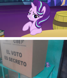 Size: 1918x2248 | Tagged: safe, screencap, starlight glimmer, pony, g4, uncommon bond, cutie mark crew, ecuador, election, irl, mcdonald's, mcdonald's happy meal toys, photo, ponies in real life, spanish, toy, vote