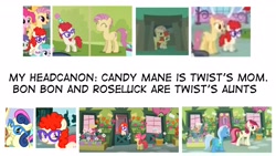 Size: 1920x1080 | Tagged: safe, edit, edited screencap, screencap, apple bloom, aura (g4), bon bon, candy mane, caramel, lyra heartstrings, meadow song, pinkie pie, roseluck, sweetie drops, tornado bolt, trixie, twist, call of the cutie, filli vanilli, g4, inspiration manifestation, pinkie pride, student counsel, the cutie re-mark, the one where pinkie pie knows, flower, glasses, grin, hat, headcanon, hurricane storm, offscreen character, open mouth, party hat, smiling, text, twisted bon bon, twisty doo, younger