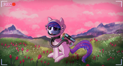 Size: 2600x1400 | Tagged: safe, artist:shepardinthesky, oc, oc only, oc:nasapone, alien, pony, astronaut, camera, camera shot, chromatic aberration, dead space, field, flower, oxygen mask, oxygen tank, recording, reference, retro, rose, scan lines, scenery, solo, spacesuit