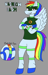 Size: 750x1173 | Tagged: safe, artist:bradythefnaffan, rainbow dash, pegasus, anthro, unguligrade anthro, g4, ball, female, mare, morph ball, rainball, solo