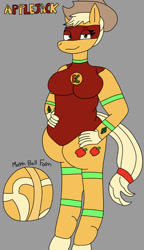 Size: 750x1298 | Tagged: safe, artist:bradythefnaffan, applejack, earth pony, anthro, unguligrade anthro, g4, appleball, ball, female, mare, morph ball, solo