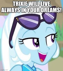 Size: 500x563 | Tagged: safe, trixie, equestria girls, equestria girls specials, g4, my little pony equestria girls: better together, my little pony equestria girls: forgotten friendship, caption, clothes, image macro, imgflip, impact font, meme, sunglasses, sunglasses on head, swimsuit, text