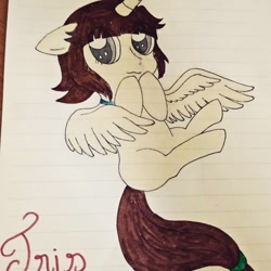 Size: 1080x1080 | Tagged: safe, artist:aleurajan, oc, oc only, alicorn, pony, alicorn oc, horn, lined paper, signature, sitting, solo, traditional art, wings