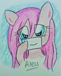 Size: 1272x1590 | Tagged: safe, artist:aleurajan, pinkie pie, earth pony, pony, g4, bust, crying, eyelashes, fake smile, female, hoof hold, mare, pinkamena diane pie, smiling, solo, traditional art