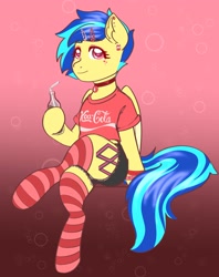 Size: 2500x3149 | Tagged: safe, artist:koapony, oc, oc only, oc:koa, pegasus, pony, bipedal, clothes, coca-cola, crossed legs, gradient background, high res, shorts, sitting, socks, solo, striped socks