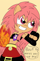 Size: 1336x2048 | Tagged: safe, artist:tenebrousmelancholy, oc, oc only, oc:strength, earth pony, anthro, clothes, female, fire, fist, solo, text