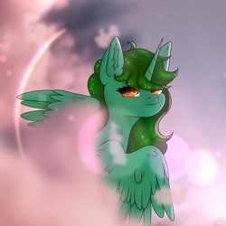 Size: 1080x1080 | Tagged: safe, artist:nel_liddell, oc, oc only, alicorn, pony, alicorn oc, bust, cloud, ear fluff, eyelashes, horn, looking back, solo, wings