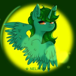 Size: 1080x1080 | Tagged: safe, alternate version, artist:nel_liddell, oc, oc only, alicorn, pony, abstract background, alicorn oc, bust, ear fluff, eyelashes, horn, looking back, solo, wings