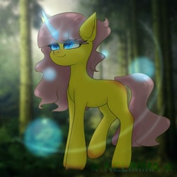 Size: 1080x1080 | Tagged: safe, artist:nel_liddell, oc, oc only, pony, unicorn, eyelashes, forest, glowing horn, horn, outdoors, smiling, solo, tree, unicorn oc