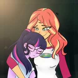 Size: 1080x1080 | Tagged: safe, artist:rapunzelights, sci-twi, sunset shimmer, twilight sparkle, equestria girls, g4, bust, clothes, duo, eyelashes, eyes closed, female, glasses, hug, lesbian, ship:sci-twishimmer, ship:sunsetsparkle, shipping, side hug, sleeping, smiling