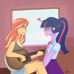 Size: 1080x1080 | Tagged: safe, artist:rapunzelights, sci-twi, sunset shimmer, twilight sparkle, equestria girls, g4, clothes, cloud, denim shorts, female, floating heart, glasses, guitar, heart, indoors, lesbian, musical instrument, ponytail, ship:sci-twishimmer, ship:sunsetsparkle, shipping, shorts, signature, sitting, skirt, sleeveless, smiling, tank top, window