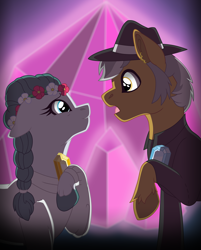 Size: 7861x9754 | Tagged: safe, artist:faitheverlasting, cloudy quartz, igneous rock pie, earth pony, pony, g4, absurd resolution, choosing stone, duo, female, floral head wreath, flower, gem, headcanon, looking at each other, male, mare, marriage, pairing stone, ship:quartzrock, shipping, stallion, straight, young, younger
