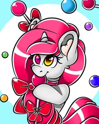 Size: 1080x1350 | Tagged: safe, artist:tessa_key_, oc, oc only, pony, unicorn, abstract background, bow, braid, candy, choker, eyelashes, food, hair bow, heterochromia, horn, lollipop, solo, unicorn oc