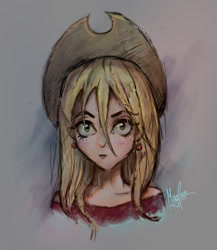 Size: 773x891 | Tagged: safe, artist:magfen, applejack, human, g4, alternate hairstyle, applejack's hat, clothes, cowboy hat, creepy, ear piercing, earring, gray background, hat, humanized, jewelry, piercing, shirt, simple background, solo