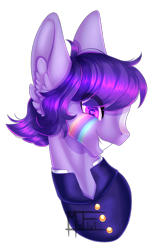 Size: 1772x2772 | Tagged: safe, artist:minelvi, oc, oc only, earth pony, pony, bust, clothes, ear fluff, earth pony oc, eye clipping through hair, grin, signature, simple background, smiling, solo, tattoo, transparent background
