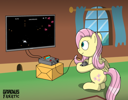Size: 1776x1388 | Tagged: safe, artist:gradiusfanatic, fluttershy, pegasus, pony, g4, female, gamer fluttershy, nintendo entertainment system, playing, solo, star soldier, video game