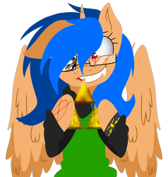 Size: 3800x4000 | Tagged: safe, artist:juliet-gwolf18, oc, oc only, oc:sketchy, alicorn, pony, alicorn oc, bust, clothes, eyelashes, eyes on the prize, female, glasses, glowing eyes, grin, hoof hold, horn, mare, smiling, solo, tattoo, triforce, wings