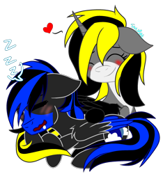 Size: 2100x2245 | Tagged: safe, artist:juliet-gwolf18, oc, oc only, oc:blue moon, oc:juliet, pegasus, pony, blushing, eyes closed, female, high res, horn, male, mare, oc x oc, onomatopoeia, open mouth, pegasus oc, shipping, signature, simple background, sleeping, smiling, sound effects, stallion, transparent background, two toned wings, wings, zzz