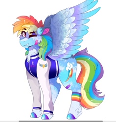 Size: 833x878 | Tagged: safe, artist:aaa-its-spook, rainbow dash, pegasus, pony, g4, alternate hairstyle, backwards cutie mark, bandaid, chest fluff, clothes, female, jacket, jersey, leg warmers, mare, one eye closed, redesign, simple background, solo, unshorn fetlocks, varsity jacket, white background, wink