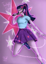 Size: 2893x3996 | Tagged: safe, artist:bidzinha, sci-twi, twilight sparkle, equestria girls, g4, clothes, high res, microphone, open mouth, shoes, singing, skirt, solo, teeth