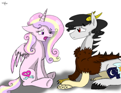 Size: 2502x1920 | Tagged: safe, artist:souleater-love, oc, oc:princessa amore nell'aria, oc:vandal, alicorn, draconequus, hybrid, pony, duo, female, interspecies offspring, male, offspring, parent:discord, parent:princess cadance, parent:princess celestia, parent:shining armor, parents:dislestia, parents:shiningcadance, simple background, white background
