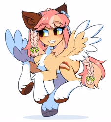 Size: 3722x4096 | Tagged: safe, artist:kirionek, oc, oc only, original species, pegasus, pony, human head pony, braid, coat markings, ear fluff, markings, pale belly, pegasus oc, simple background, socks (coat markings), solo, spread wings, two toned wings, underhoof, unshorn fetlocks, white background, white belly, wings