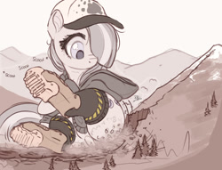 Size: 1200x917 | Tagged: safe, artist:raps, marble pie, earth pony, pony, g4, baseball cap, boots, butt scootin', cap, clothes, destruction, female, giant pony, giantess, hat, hoodie, hoof boots, macro, mountain, onomatopoeia, scooting, shoes, solo, sound effects