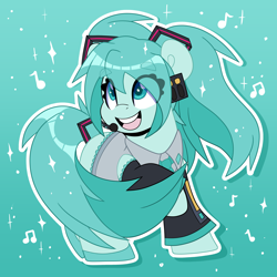 Size: 4000x4000 | Tagged: safe, artist:partypievt, earth pony, pony, abstract background, absurd resolution, clothes, eye clipping through hair, eyebrows, eyebrows visible through hair, female, hatsune miku, headset, hilarious in hindsight, microphone, necktie, open mouth, pigtails, ponified, shoes, solo, twintails, vocaloid